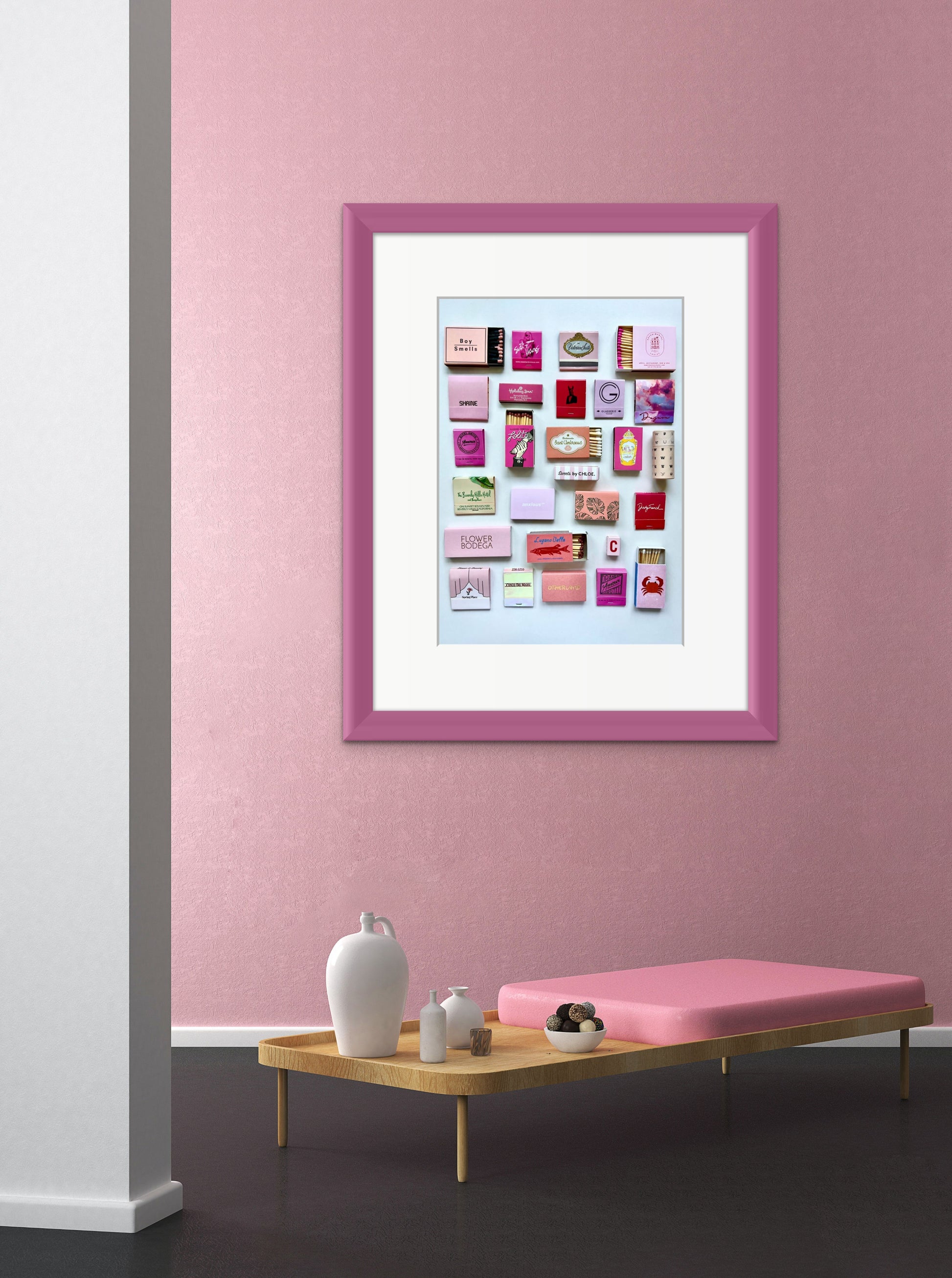 Pink matchbook print home decor