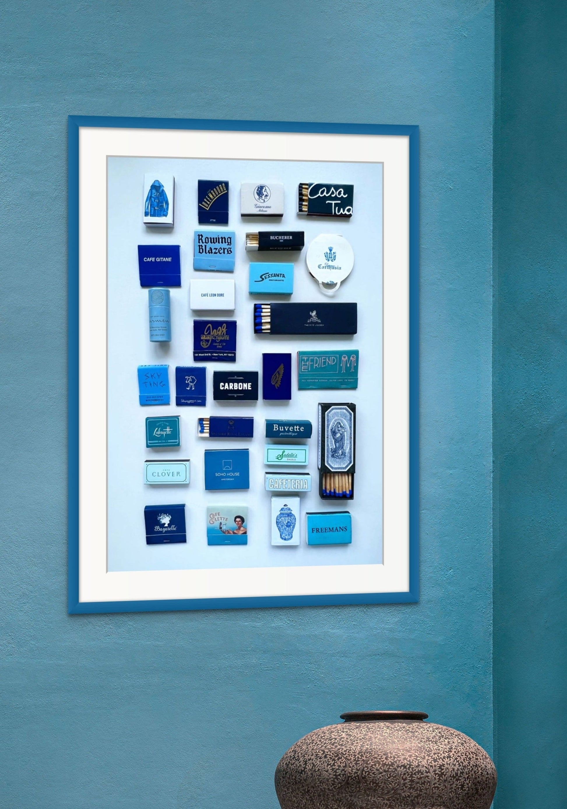 Blue matchbook print home decor